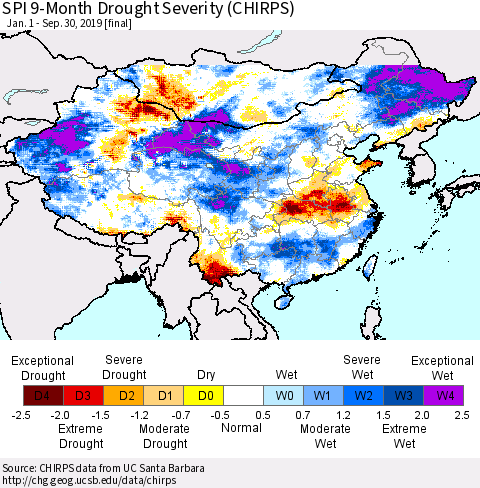 China and Taiwan SPI 9-Month Drought Severity (CHIRPS) Thematic Map For 1/1/2019 - 9/30/2019