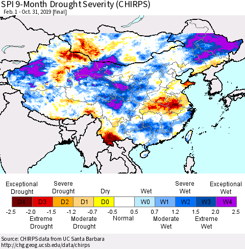 China and Taiwan SPI 9-Month Drought Severity (CHIRPS) Thematic Map For 2/1/2019 - 10/31/2019