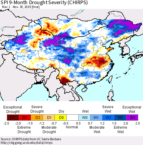 China and Taiwan SPI 9-Month Drought Severity (CHIRPS) Thematic Map For 3/1/2019 - 11/30/2019