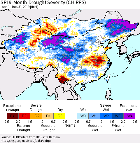 China and Taiwan SPI 9-Month Drought Severity (CHIRPS) Thematic Map For 4/1/2019 - 12/31/2019