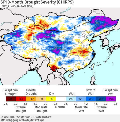 China and Taiwan SPI 9-Month Drought Severity (CHIRPS) Thematic Map For 5/1/2019 - 1/31/2020