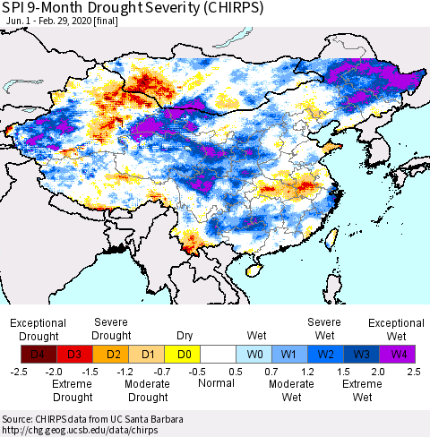 China and Taiwan SPI 9-Month Drought Severity (CHIRPS) Thematic Map For 6/1/2019 - 2/29/2020