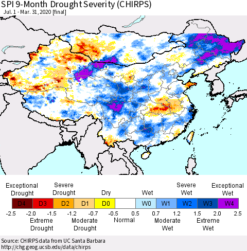 China and Taiwan SPI 9-Month Drought Severity (CHIRPS) Thematic Map For 7/1/2019 - 3/31/2020