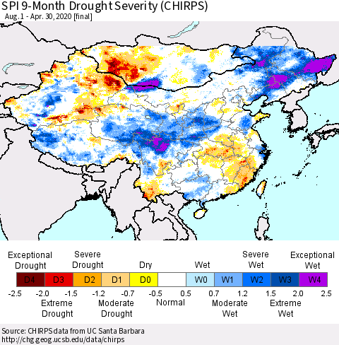 China and Taiwan SPI 9-Month Drought Severity (CHIRPS) Thematic Map For 8/1/2019 - 4/30/2020