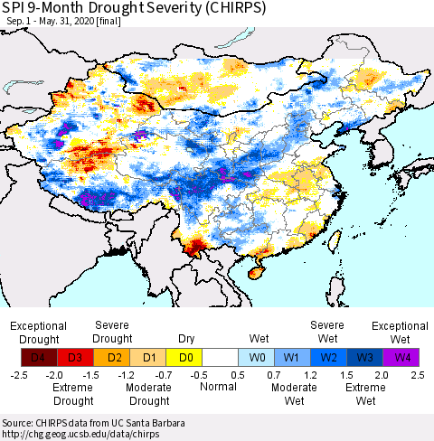 China and Taiwan SPI 9-Month Drought Severity (CHIRPS) Thematic Map For 9/1/2019 - 5/31/2020