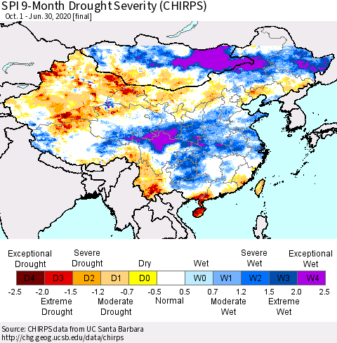 China and Taiwan SPI 9-Month Drought Severity (CHIRPS) Thematic Map For 10/1/2019 - 6/30/2020