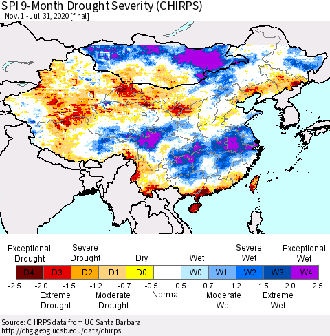 China, Mongolia and Taiwan SPI 9-Month Drought Severity (CHIRPS) Thematic Map For 11/1/2019 - 7/31/2020