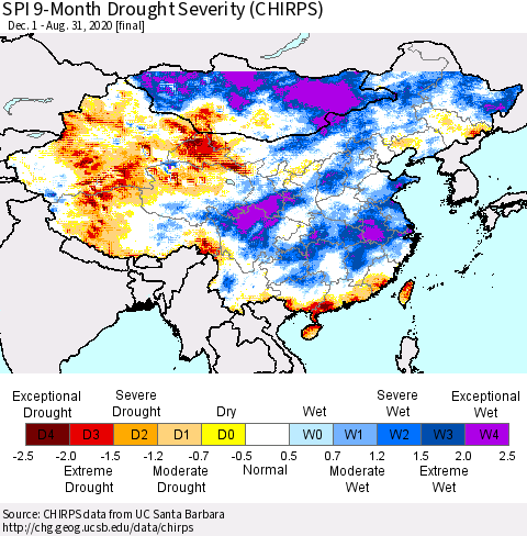 China, Mongolia and Taiwan SPI 9-Month Drought Severity (CHIRPS) Thematic Map For 12/1/2019 - 8/31/2020