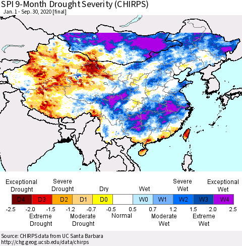 China, Mongolia and Taiwan SPI 9-Month Drought Severity (CHIRPS) Thematic Map For 1/1/2020 - 9/30/2020