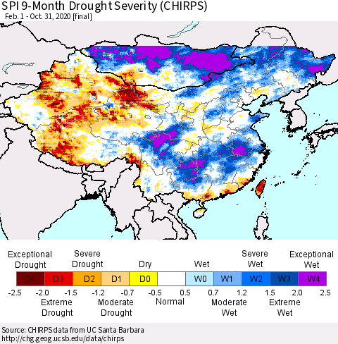 China, Mongolia and Taiwan SPI 9-Month Drought Severity (CHIRPS) Thematic Map For 2/1/2020 - 10/31/2020