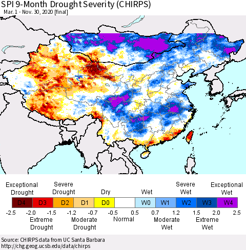 China, Mongolia and Taiwan SPI 9-Month Drought Severity (CHIRPS) Thematic Map For 3/1/2020 - 11/30/2020