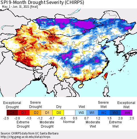 China, Mongolia and Taiwan SPI 9-Month Drought Severity (CHIRPS) Thematic Map For 5/1/2020 - 1/31/2021