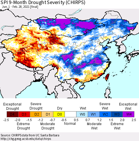 China, Mongolia and Taiwan SPI 9-Month Drought Severity (CHIRPS) Thematic Map For 6/1/2020 - 2/28/2021
