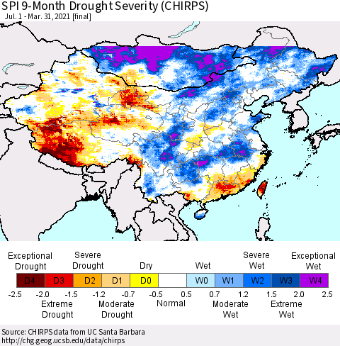 China, Mongolia and Taiwan SPI 9-Month Drought Severity (CHIRPS) Thematic Map For 7/1/2020 - 3/31/2021