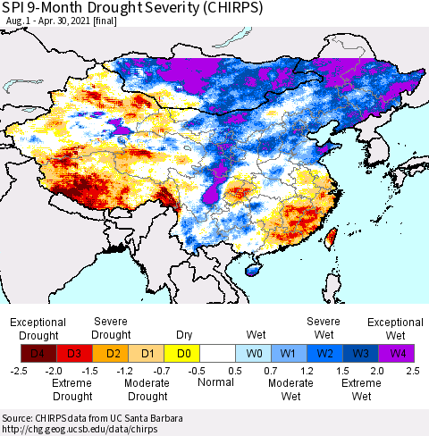 China, Mongolia and Taiwan SPI 9-Month Drought Severity (CHIRPS) Thematic Map For 8/1/2020 - 4/30/2021