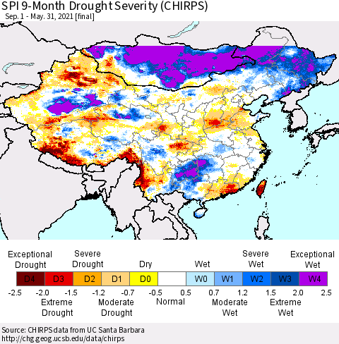China, Mongolia and Taiwan SPI 9-Month Drought Severity (CHIRPS) Thematic Map For 9/1/2020 - 5/31/2021