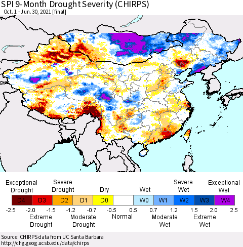China, Mongolia and Taiwan SPI 9-Month Drought Severity (CHIRPS) Thematic Map For 10/1/2020 - 6/30/2021