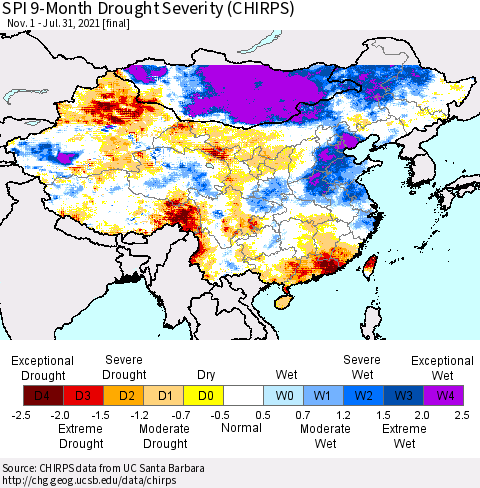China, Mongolia and Taiwan SPI 9-Month Drought Severity (CHIRPS) Thematic Map For 11/1/2020 - 7/31/2021
