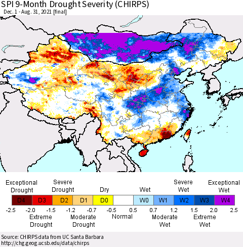 China, Mongolia and Taiwan SPI 9-Month Drought Severity (CHIRPS) Thematic Map For 12/1/2020 - 8/31/2021
