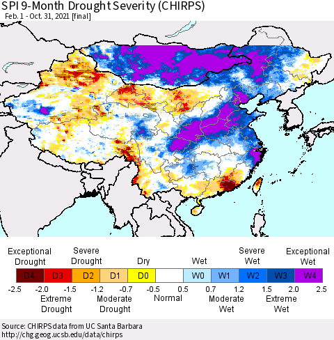 China, Mongolia and Taiwan SPI 9-Month Drought Severity (CHIRPS) Thematic Map For 2/1/2021 - 10/31/2021