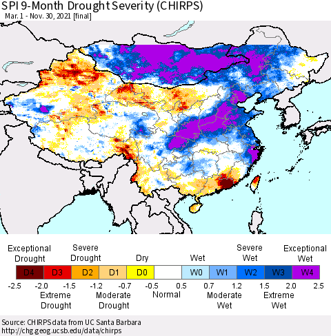 China, Mongolia and Taiwan SPI 9-Month Drought Severity (CHIRPS) Thematic Map For 3/1/2021 - 11/30/2021