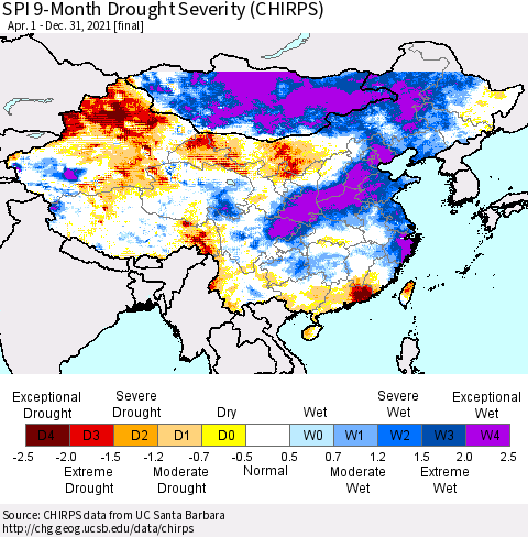 China, Mongolia and Taiwan SPI 9-Month Drought Severity (CHIRPS) Thematic Map For 4/1/2021 - 12/31/2021