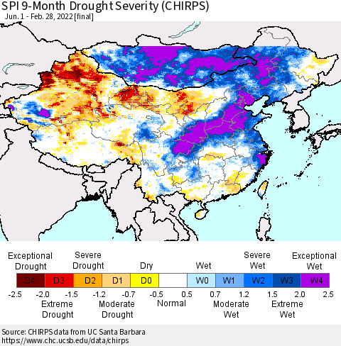 China, Mongolia and Taiwan SPI 9-Month Drought Severity (CHIRPS) Thematic Map For 6/1/2021 - 2/28/2022