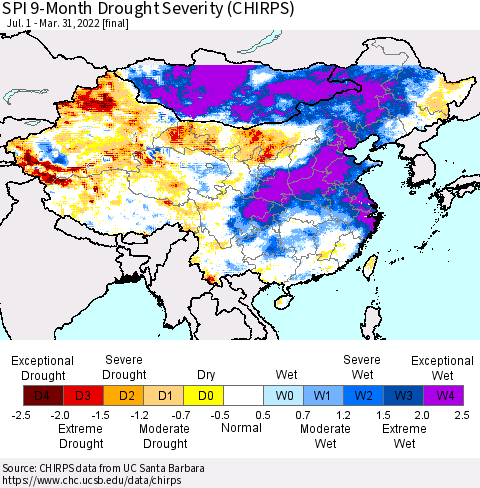 China, Mongolia and Taiwan SPI 9-Month Drought Severity (CHIRPS) Thematic Map For 7/1/2021 - 3/31/2022
