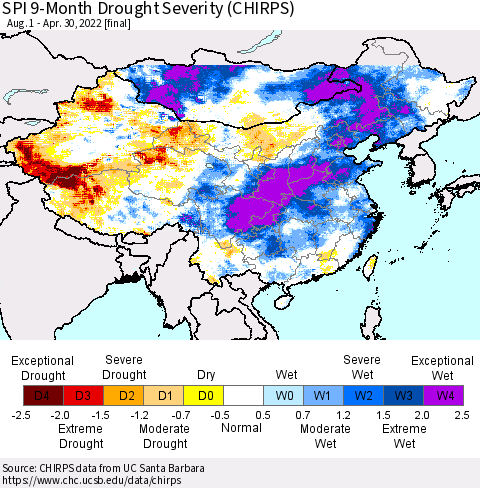 China, Mongolia and Taiwan SPI 9-Month Drought Severity (CHIRPS) Thematic Map For 8/1/2021 - 4/30/2022