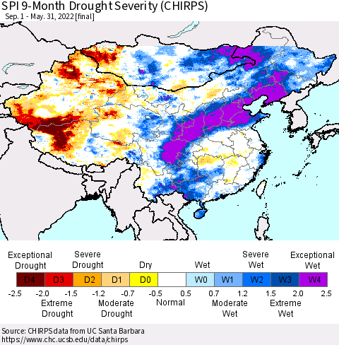 China, Mongolia and Taiwan SPI 9-Month Drought Severity (CHIRPS) Thematic Map For 9/1/2021 - 5/31/2022