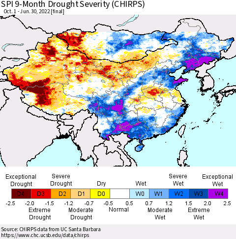 China, Mongolia and Taiwan SPI 9-Month Drought Severity (CHIRPS) Thematic Map For 10/1/2021 - 6/30/2022