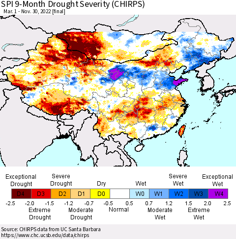 China, Mongolia and Taiwan SPI 9-Month Drought Severity (CHIRPS) Thematic Map For 3/1/2022 - 11/30/2022