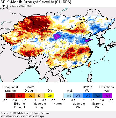 China, Mongolia and Taiwan SPI 9-Month Drought Severity (CHIRPS) Thematic Map For 4/1/2022 - 12/31/2022