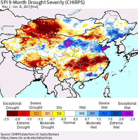 China, Mongolia and Taiwan SPI 9-Month Drought Severity (CHIRPS) Thematic Map For 5/1/2022 - 1/31/2023