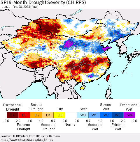 China, Mongolia and Taiwan SPI 9-Month Drought Severity (CHIRPS) Thematic Map For 6/1/2022 - 2/28/2023