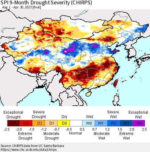 China, Mongolia and Taiwan SPI 9-Month Drought Severity (CHIRPS) Thematic Map For 8/1/2022 - 4/30/2023