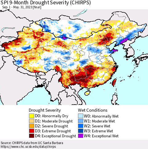 China, Mongolia and Taiwan SPI 9-Month Drought Severity (CHIRPS) Thematic Map For 9/1/2022 - 5/31/2023