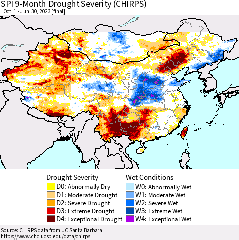 China, Mongolia and Taiwan SPI 9-Month Drought Severity (CHIRPS) Thematic Map For 10/1/2022 - 6/30/2023
