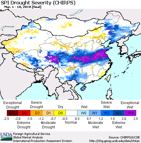 China, Mongolia and Taiwan SPI Drought Severity (CHIRPS) Thematic Map For 3/1/2018 - 3/10/2018
