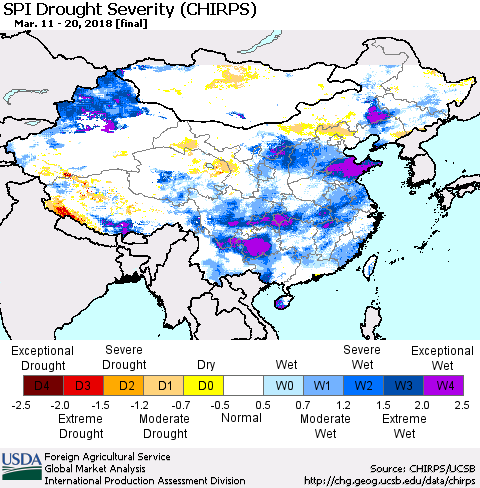 China, Mongolia and Taiwan SPI Drought Severity (CHIRPS) Thematic Map For 3/11/2018 - 3/20/2018