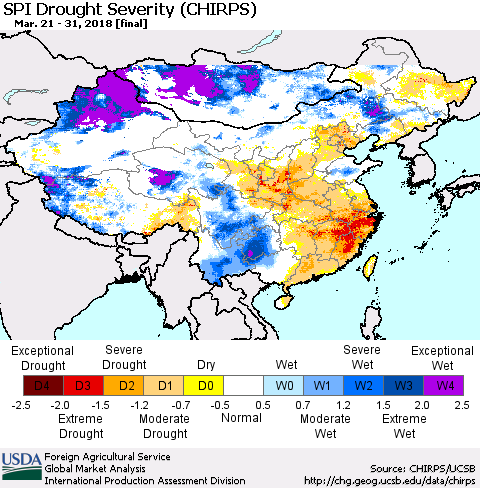 China, Mongolia and Taiwan SPI Drought Severity (CHIRPS) Thematic Map For 3/21/2018 - 3/31/2018