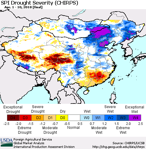 China, Mongolia and Taiwan SPI Drought Severity (CHIRPS) Thematic Map For 4/1/2018 - 4/10/2018