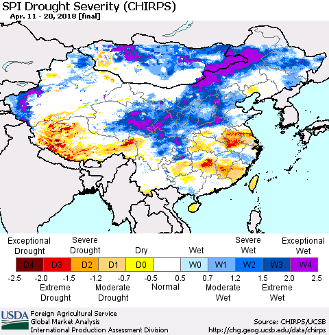 China, Mongolia and Taiwan SPI Drought Severity (CHIRPS) Thematic Map For 4/11/2018 - 4/20/2018
