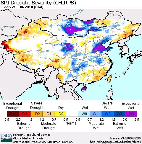 China, Mongolia and Taiwan SPI Drought Severity (CHIRPS) Thematic Map For 4/21/2018 - 4/30/2018