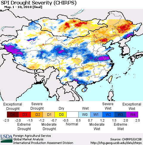 China, Mongolia and Taiwan SPI Drought Severity (CHIRPS) Thematic Map For 5/1/2018 - 5/10/2018