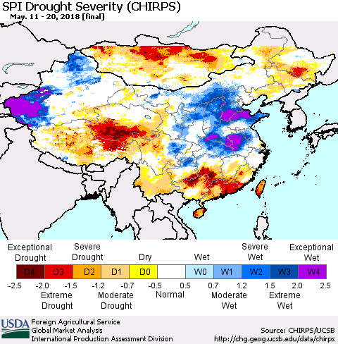 China, Mongolia and Taiwan SPI Drought Severity (CHIRPS) Thematic Map For 5/11/2018 - 5/20/2018