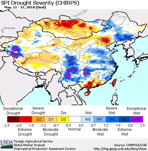 China, Mongolia and Taiwan SPI Drought Severity (CHIRPS) Thematic Map For 5/21/2018 - 5/31/2018