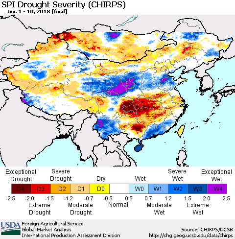 China, Mongolia and Taiwan SPI Drought Severity (CHIRPS) Thematic Map For 6/1/2018 - 6/10/2018