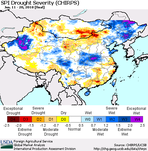China, Mongolia and Taiwan SPI Drought Severity (CHIRPS) Thematic Map For 6/11/2018 - 6/20/2018