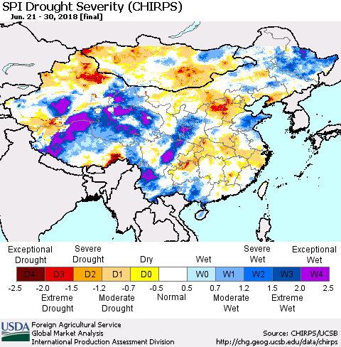 China, Mongolia and Taiwan SPI Drought Severity (CHIRPS) Thematic Map For 6/21/2018 - 6/30/2018